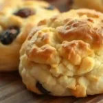 Fluffy fruit scones fresh from the oven with golden tops and raisins
