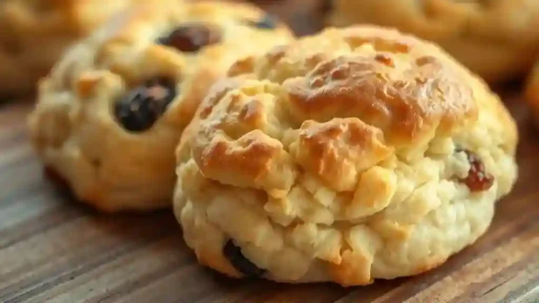 Fluffy fruit scones fresh from the oven with golden tops and raisins