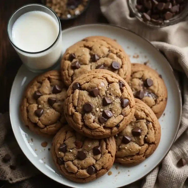 Thick chocolate chip cookies on rustic table