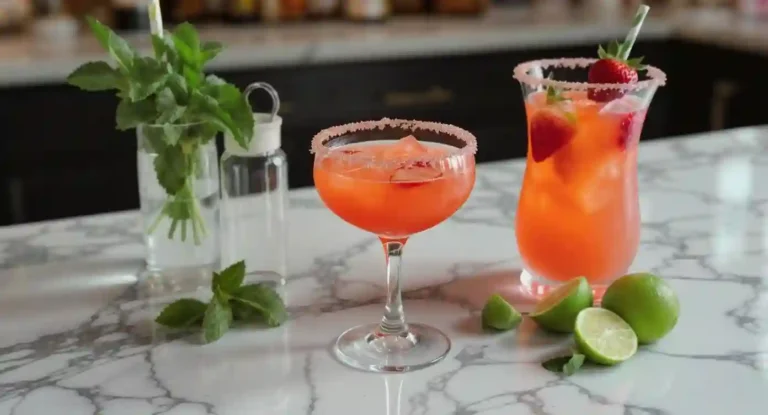 Elegant mocktail setup with garnish station and assorted glassware for party serving