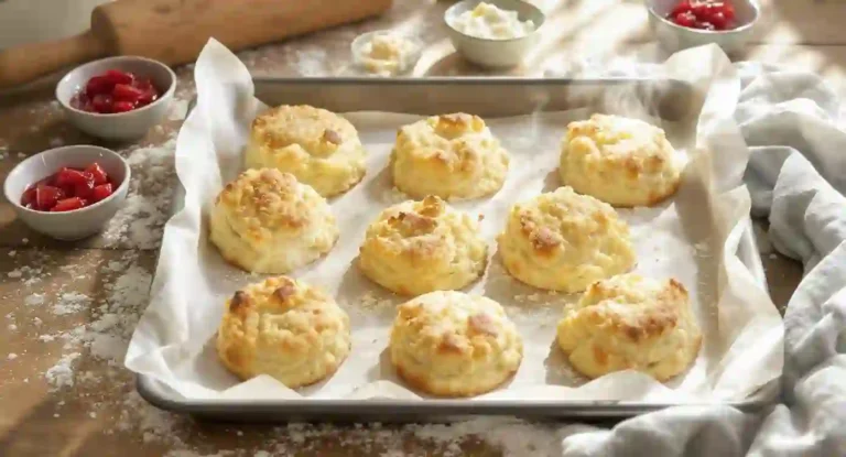Freshly baked buttermilk scones on a tray with jam and cream”