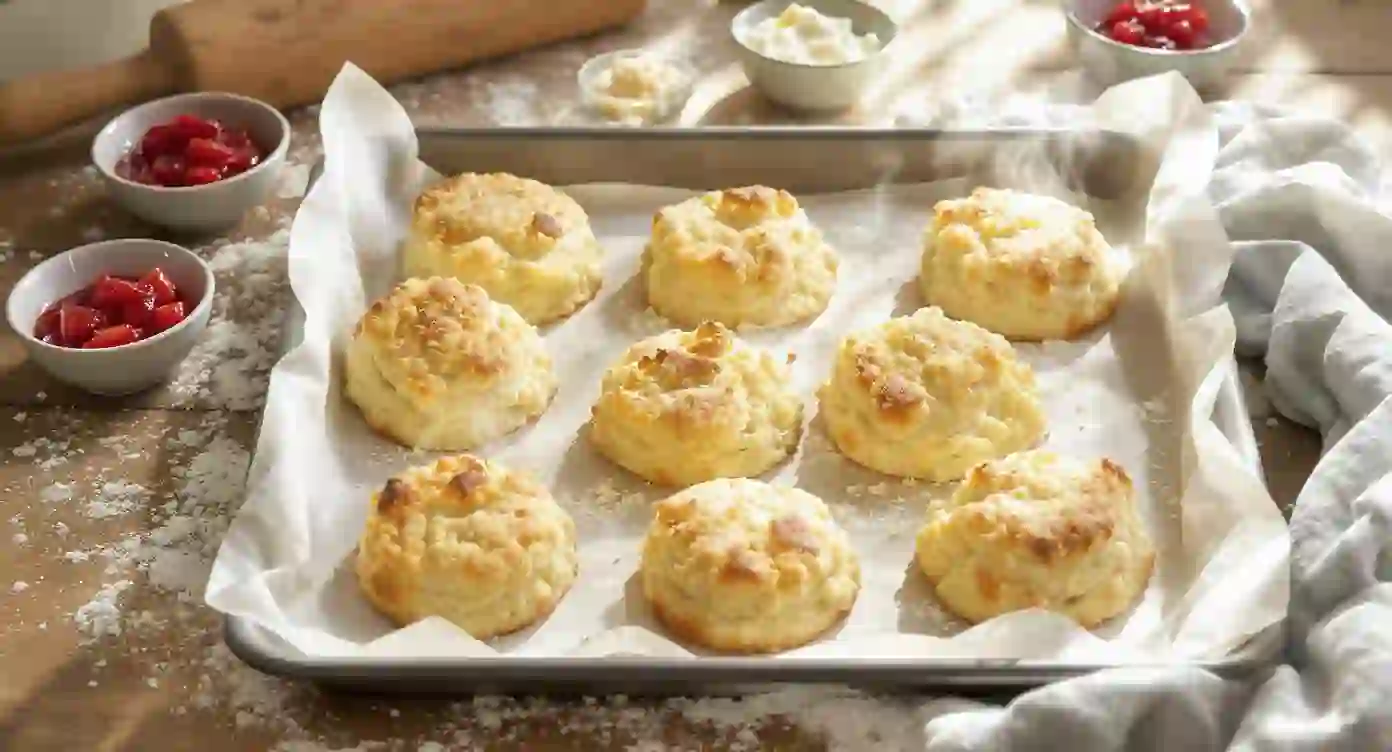 Freshly baked buttermilk scones on a tray with jam and cream”