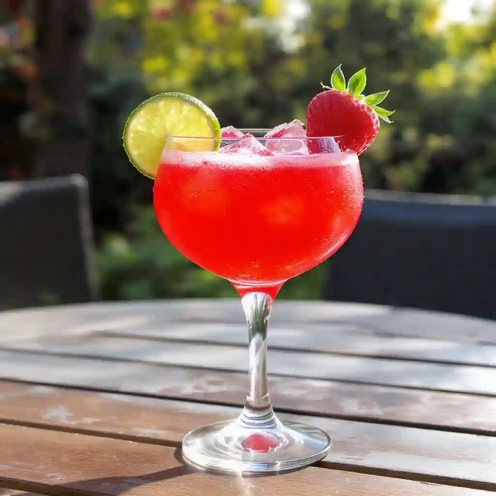 Frozen strawberry daiquiri mocktail in a chilled glass with lime garnish