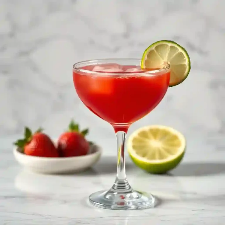 Shaken strawberry daiquiri mocktail in a coupe glass deep red color garnished with lime wheel