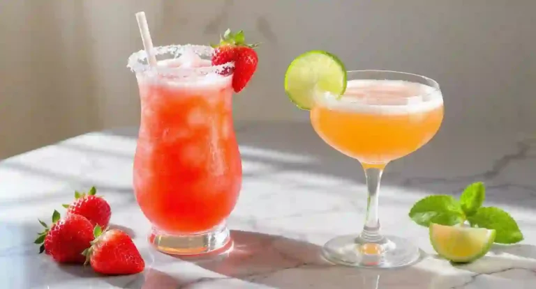 Two strawberry daiquiri mocktails one frozen, one shaken — styled with lime and mint garnishes on a marble table