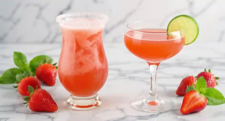 Strawberry daiquiri mocktail recipes served in coupe and hurricane glasses with garnishes