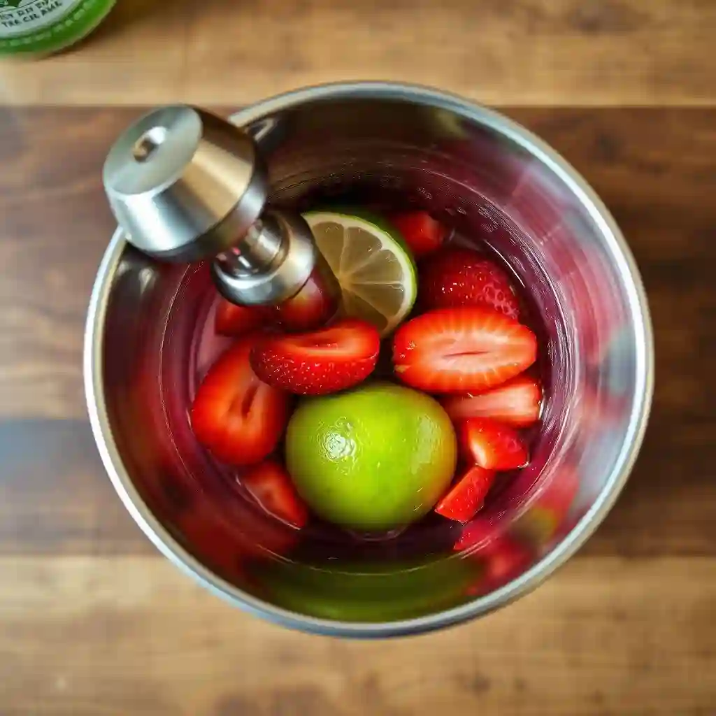 Top-down view of a cocktail shaker with muddled fresh strawberries and lime inside
