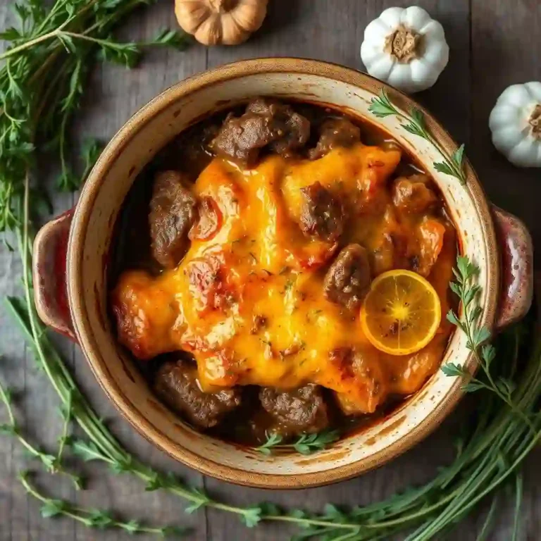golden beef casseroles in a rustic dish