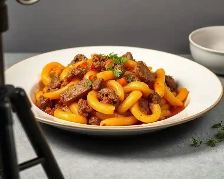  food photography setup with beef casserole