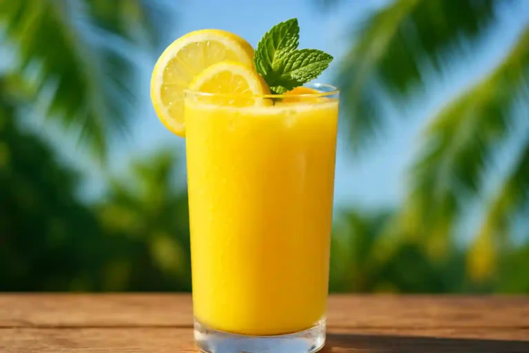 creamy mango lemonade in a glass with mint and lemon