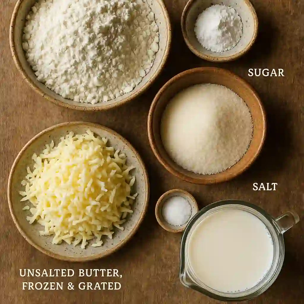 gluten-free scones recipe on wooden tray ingredients