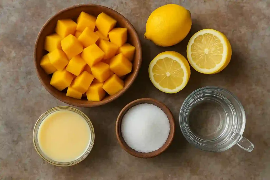 creamy mango lemonade ingredients on counter