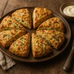 Golden-brown savory scones with melted cheddar and herbs on a rustic wooden tray beside a bowl of garlic aioli.