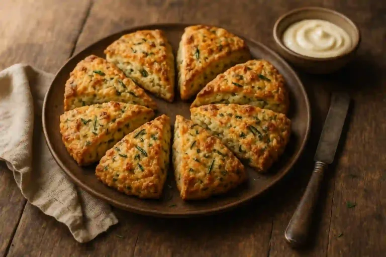 Golden-brown savory scones with melted cheddar and herbs on a rustic wooden tray beside a bowl of garlic aioli.