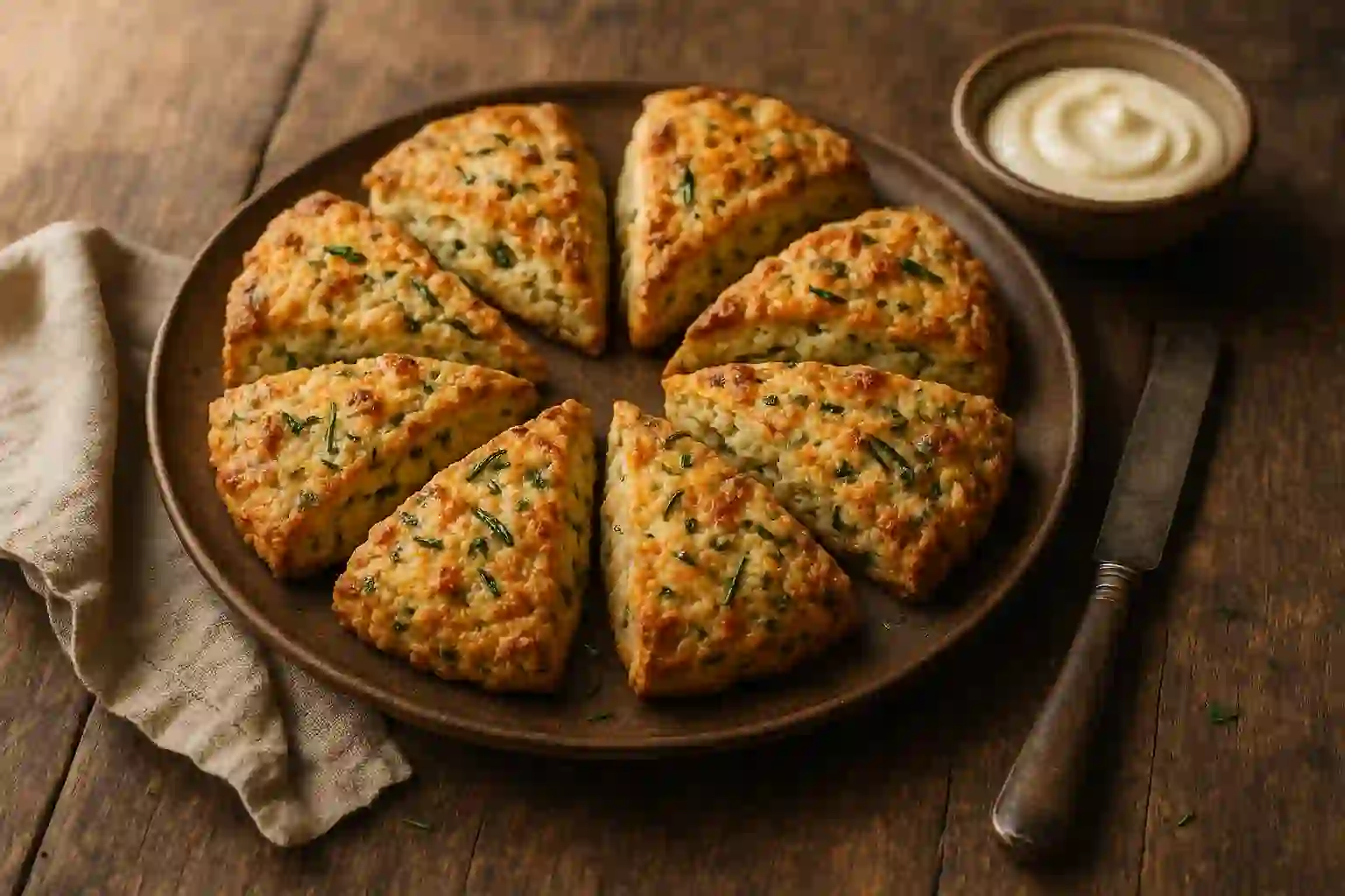 Golden-brown savory scones with melted cheddar and herbs on a rustic wooden tray beside a bowl of garlic aioli.