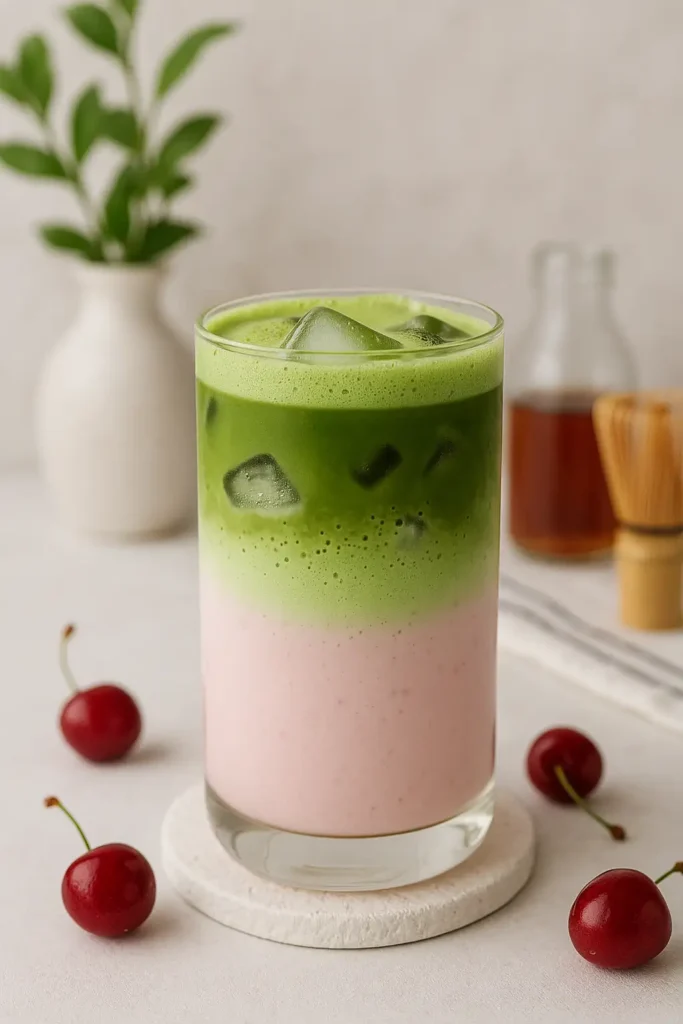 Preparing matcha for cherry latte