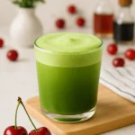 Served cherry matcha latte with cherries