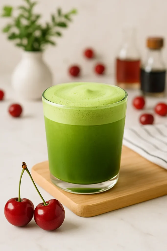 Served cherry matcha latte with cherries