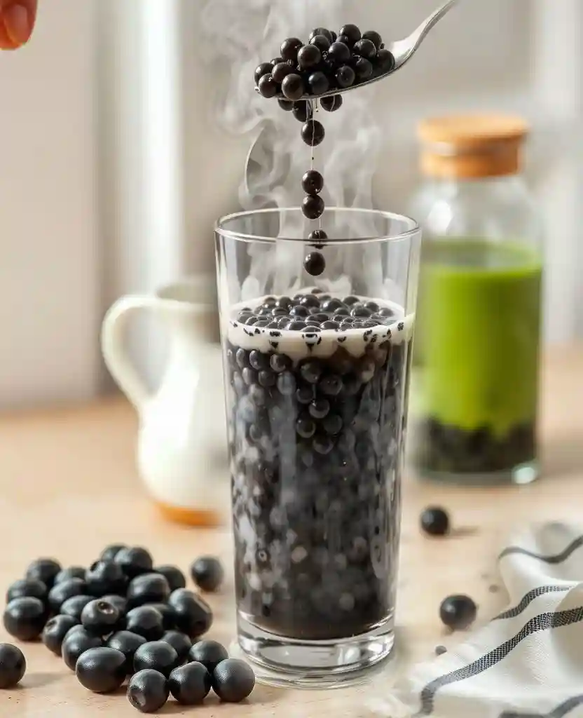 Assembling homemade matcha bubble tea step by step2