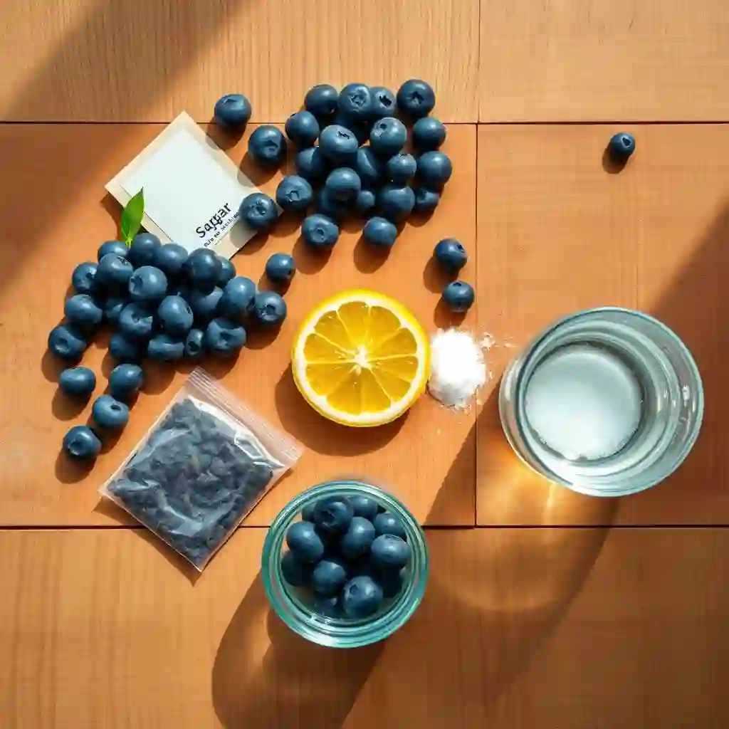 Ingredients for homemade blueberry iced tea including fresh blueberries, tea bags, lemon, and sugar