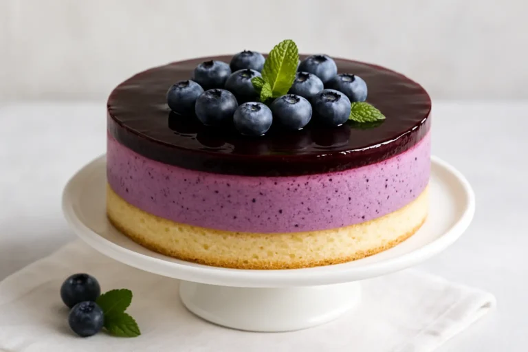 blueberry mousse cake layered with sponge and berries