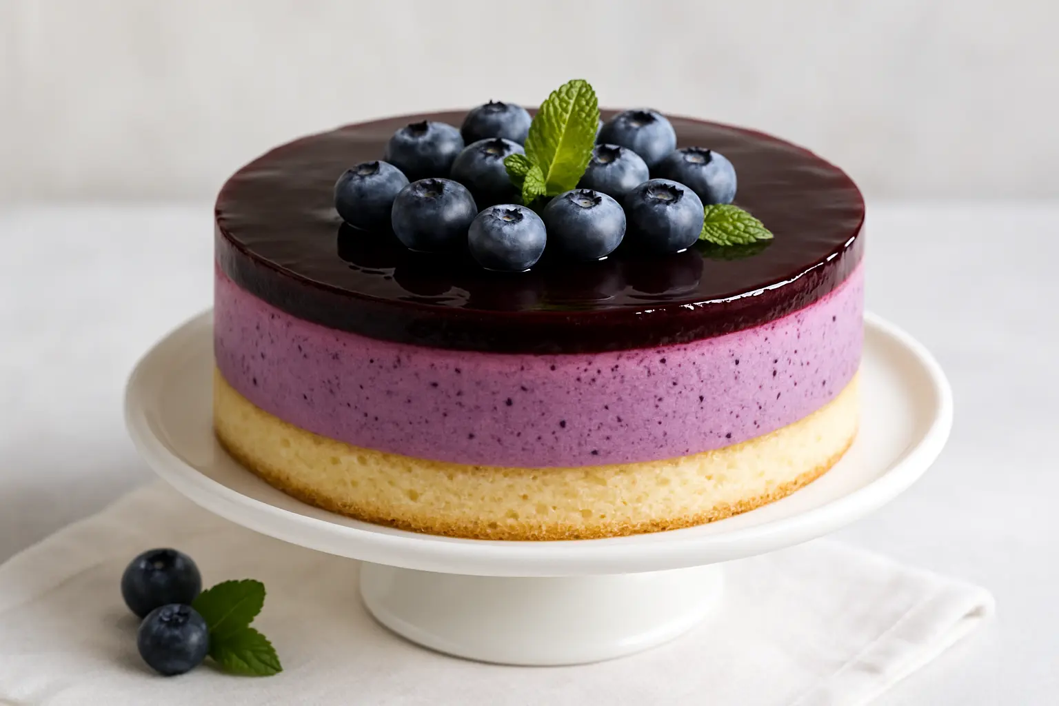 blueberry mousse cake layered with sponge and berries