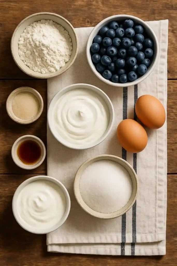 blueberry mousse cake ingredients flat lay