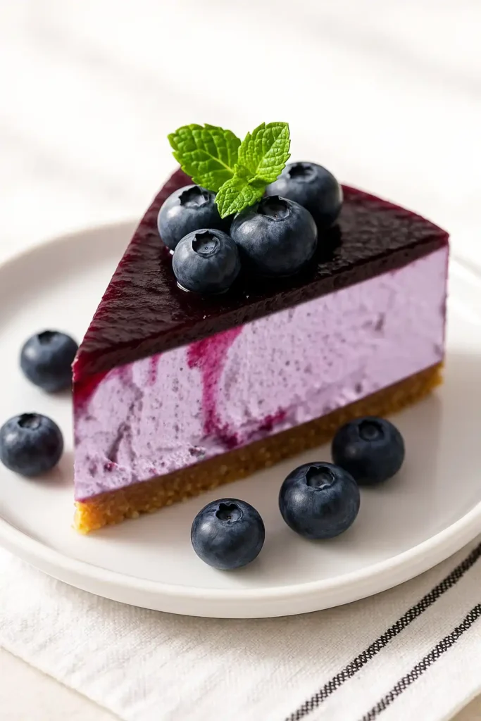slice of blueberry mousse cake served with berries