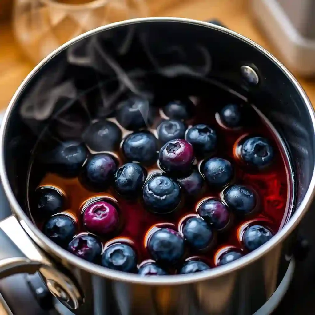 Blueberry syrup simmering in saucepan for iced tea recipe