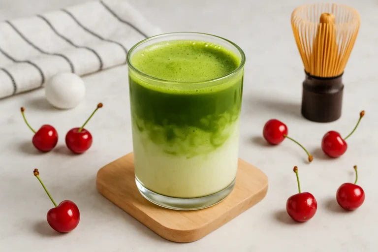 Cherry Matcha Latte layered drink