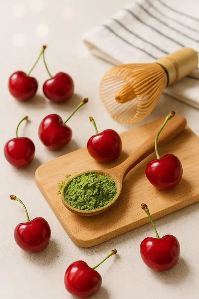 Cherry Matcha Latte ingredients setup