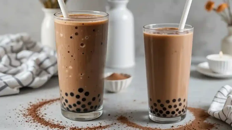 Chocolate Bubble Milk Tea (Boba) in a tall glass with pearls