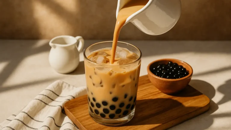 Earl Grey Bubble Tea in tall glass with tapioca pearls