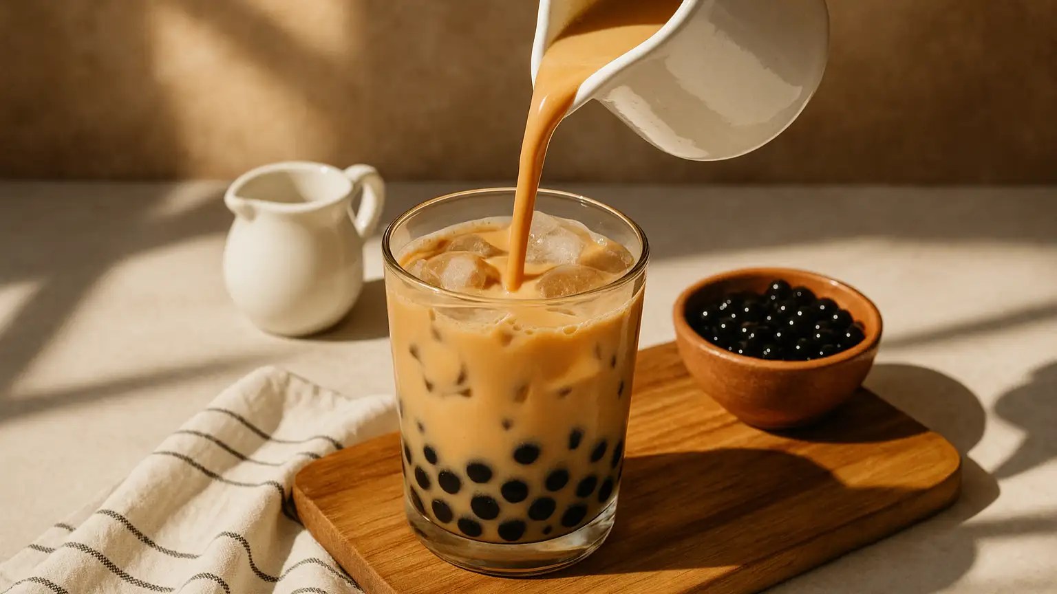 Earl Grey Bubble Tea in tall glass with tapioca pearls