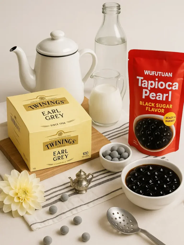 Ingredients for Earl Grey Bubble Tea with milk, tea bags, tapioca pearls, and brown sugar