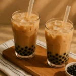 Homemade Earl Grey Bubble Tea served with boba straws and pearls