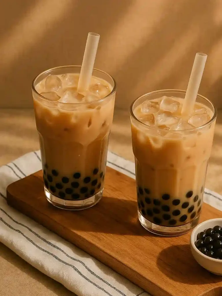 Homemade Earl Grey Bubble Tea served with boba straws and pearls