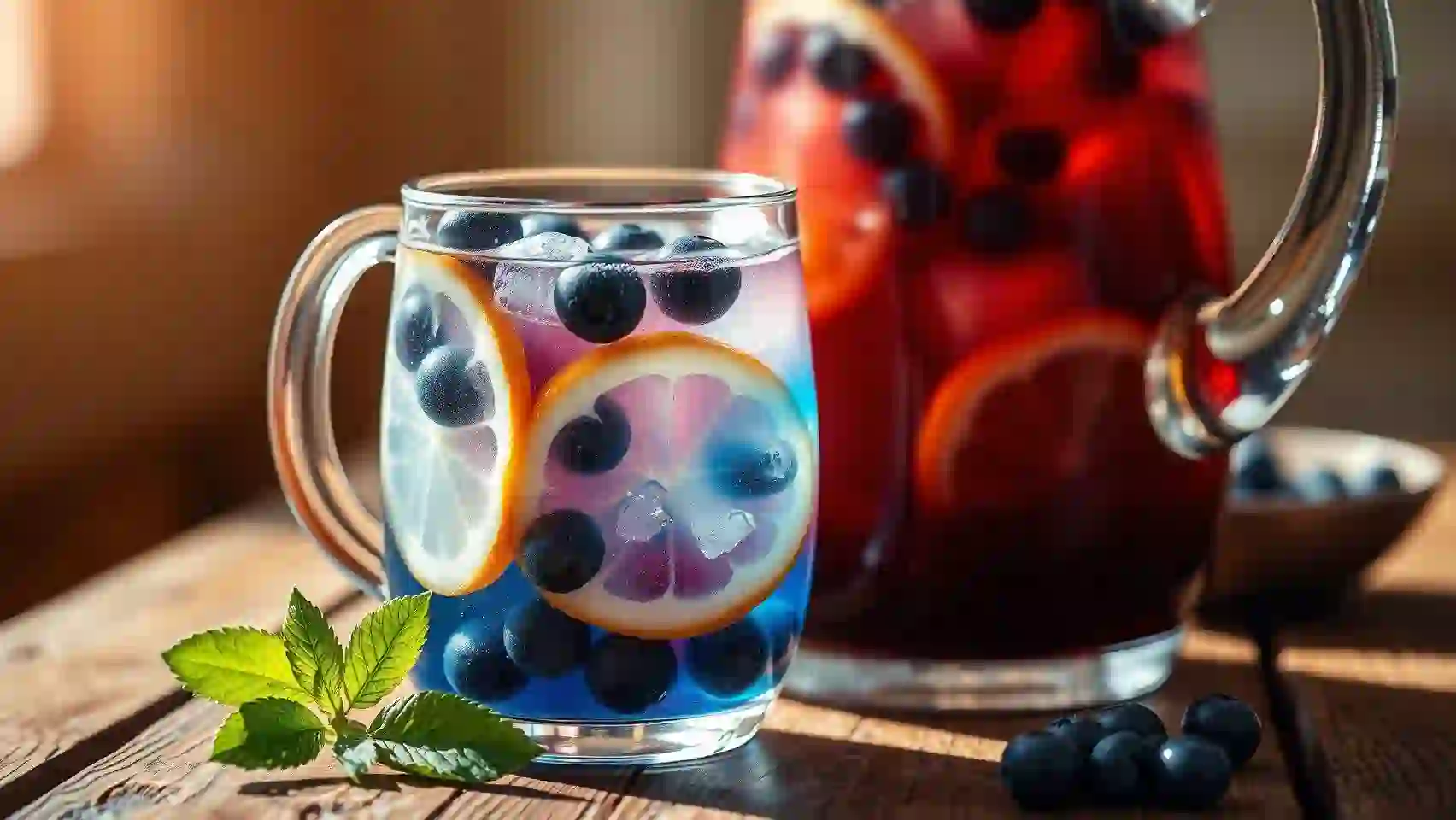 Homemade blueberry iced tea with lemon and fresh blueberries in a glass pitcher