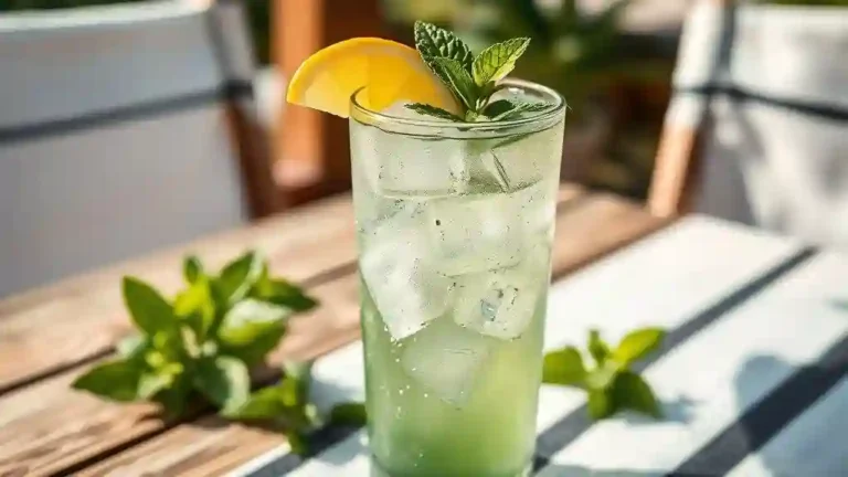 Iced mint green tea with fresh mint and lemon served on a summer day