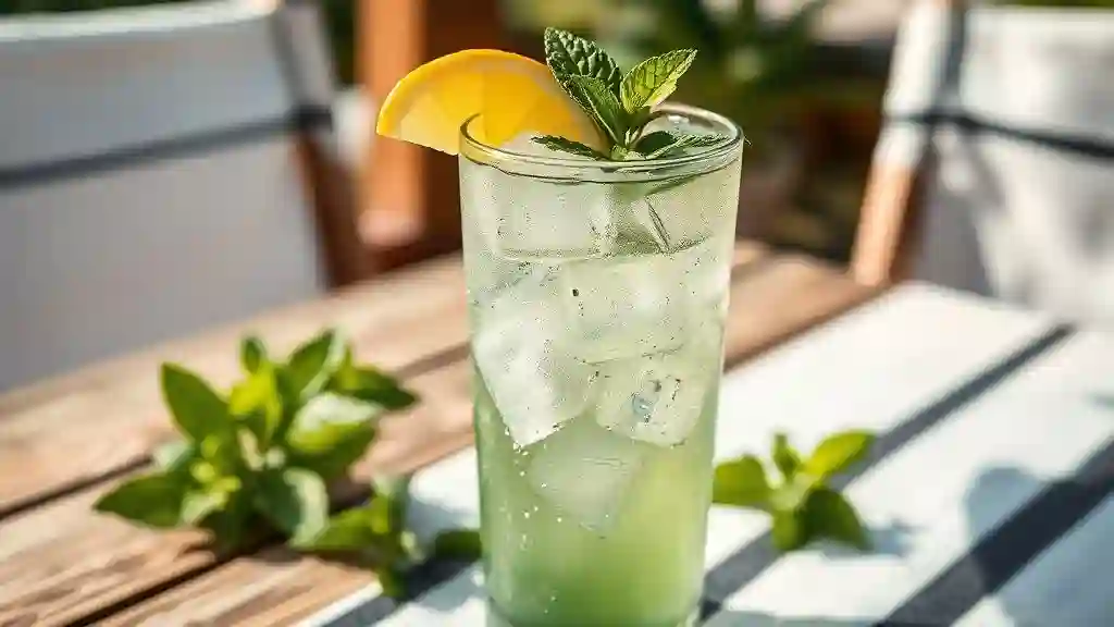 Iced mint green tea with fresh mint and lemon served on a summer day