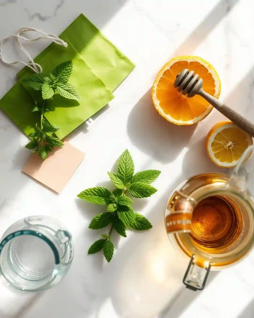 Green tea, fresh mint, honey, lemon, and water ingredients for mint iced tea