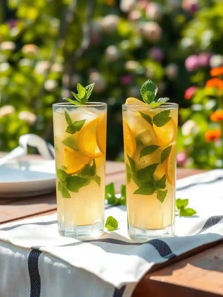 Glasses of iced mint green tea with lemon and mint on outdoor table