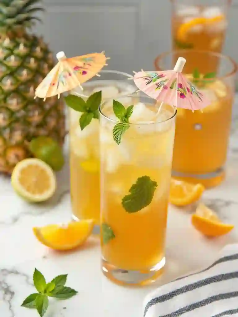 Iced pineapple tea skin with mint and orange garnish