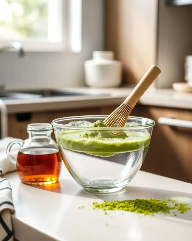 Assembling homemade matcha bubble tea step by step