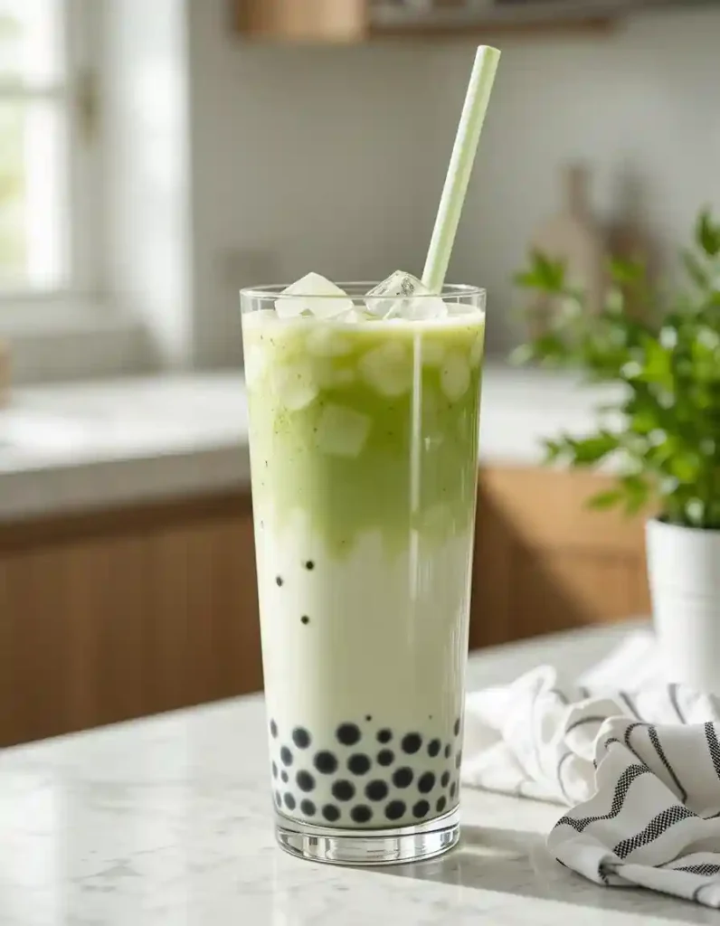 Assembling homemade matcha bubble tea step by step3