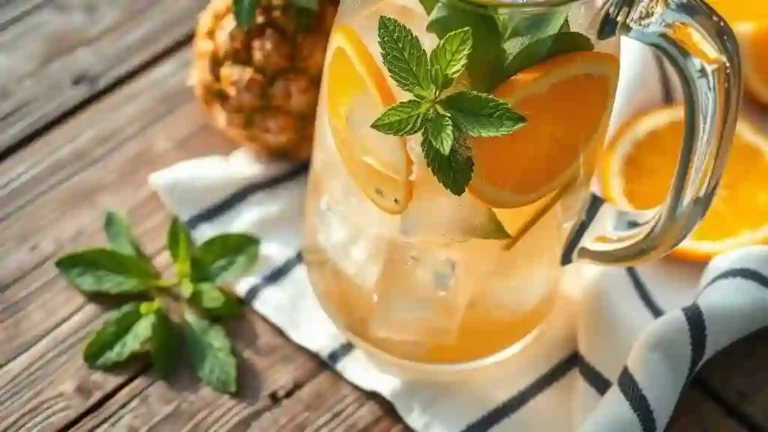 Refreshing pineapple skin tea with ice, mint, and orange slices