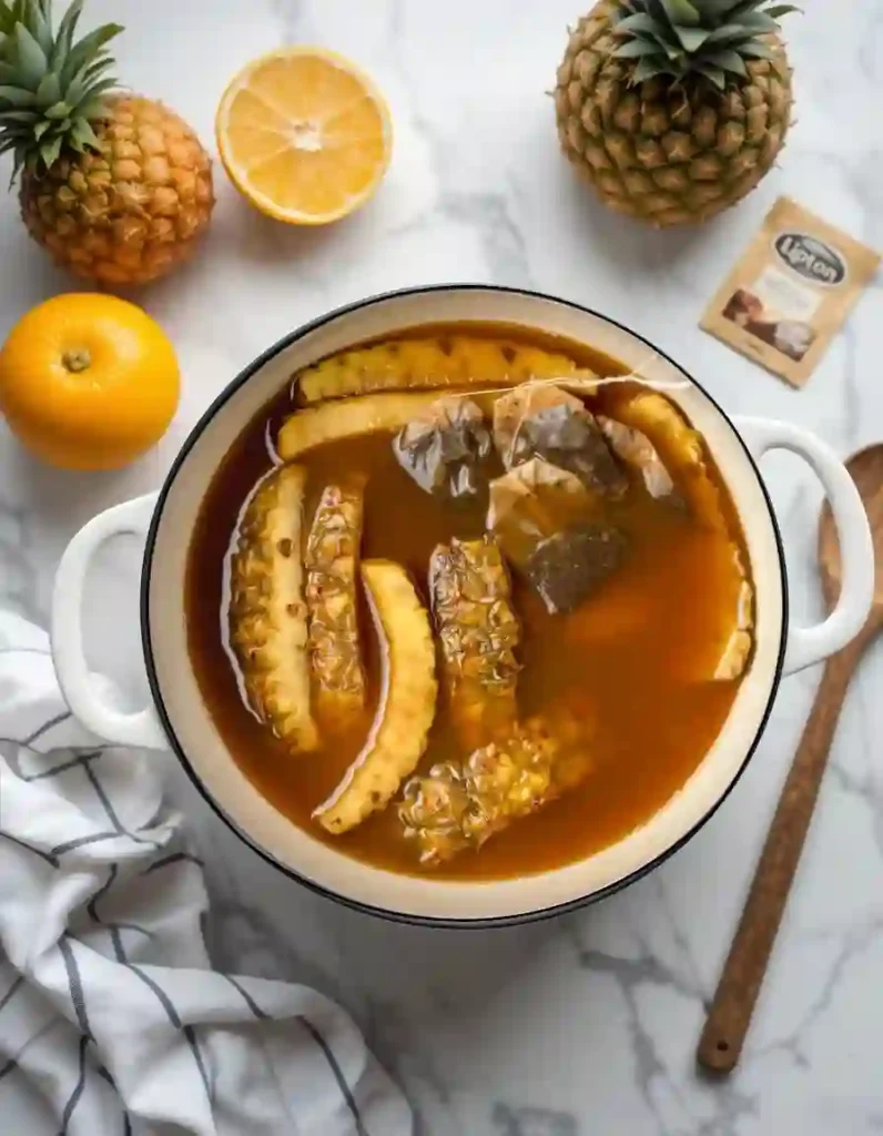 Pouring pineapple skin tea into a pitcher over ice