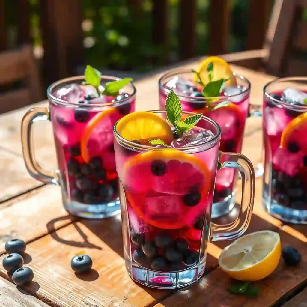 Glasses of blueberry iced tea with lemon and mint served on patio