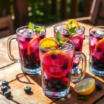 Glasses of blueberry iced tea with lemon and mint served on patio
