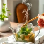 Steeping green tea with mint and honey in a teapot for iced tea